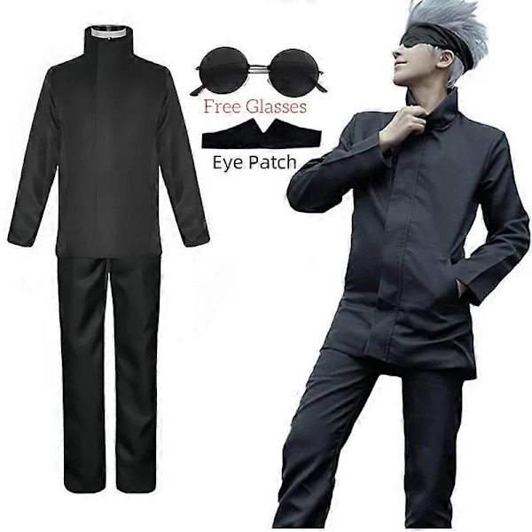 Anime Jujutsu Kaisen Gojo Satoru Cosplay Kostym Ögonlapp Peruk Glasögon Dräkt Halloween Kostymer för Män - Perfekt Costume and wig A M