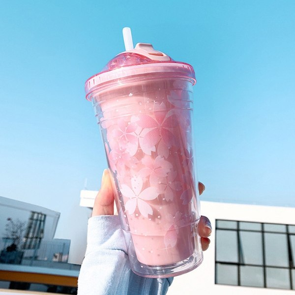 480 ml Sakura plastkop med sugerør og låg BPA-fri dobbeltvalg - Perfet Pink