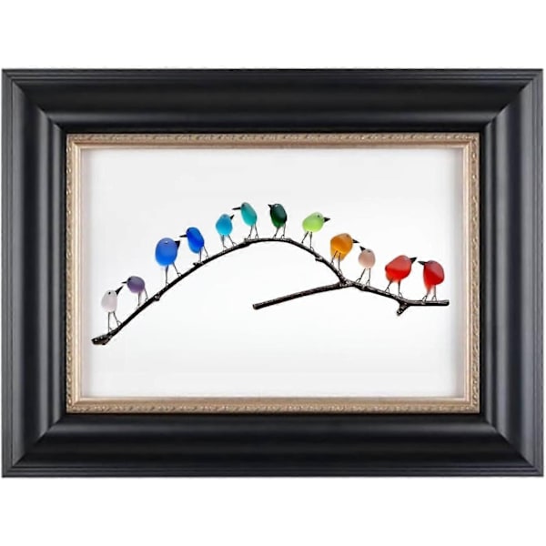 Havglas Regnbue Fugl, Havglas Kunst, Havglas og Drivtømmer Billede, Regnbue Fugl Væghæng - Perfekt Black Frame 12 Birds