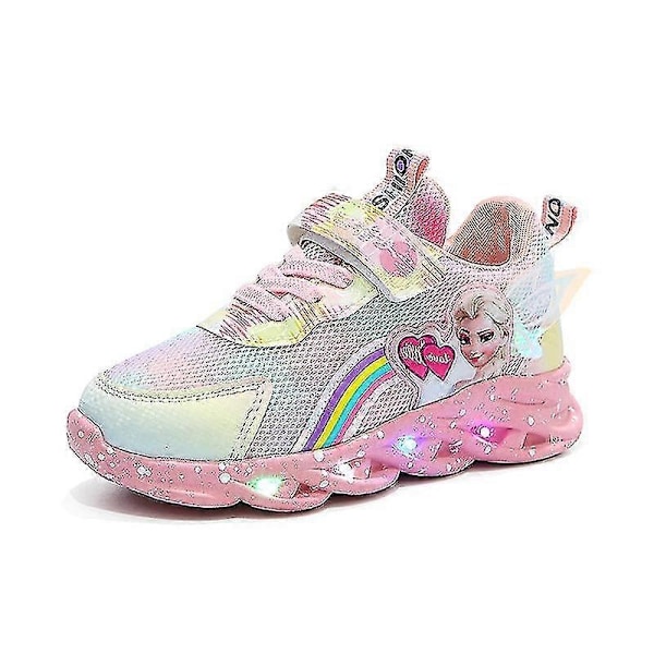 Flickor LED Casual Sneakers Elsa Princess Tryck Utomhusskor Barn Lysande Halkfria Skor för Vår och Vinter-Perfekt Pink 28-insole 17.3cm