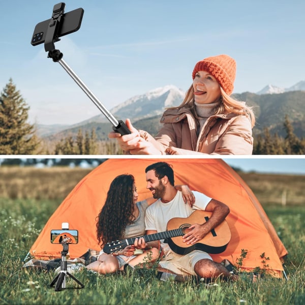 Selfie Stick-stativ med ljus, 4 i 1 360° roterbar mobiltelefon - Perfet