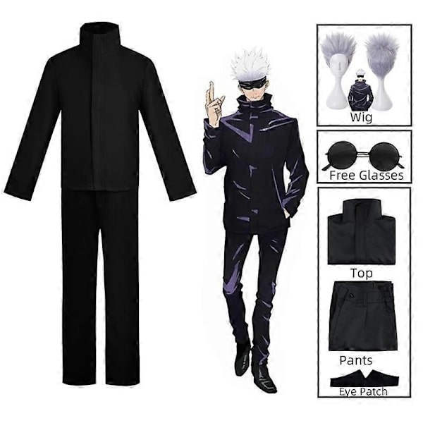 Anime Jujutsu Kaisen Gojo Satoru Cosplay Kostym Ögonlapp Peruk Glasögon Dräkt Halloween Kostymer för Män - Perfekt Costume and wig B L