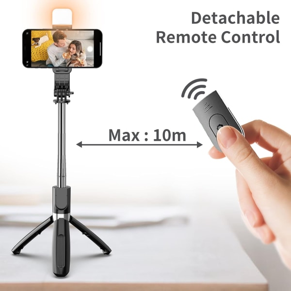 Selfie Stick-stativ med lys, 4 i 1 360° drejelig mobiltelefon - perfekt