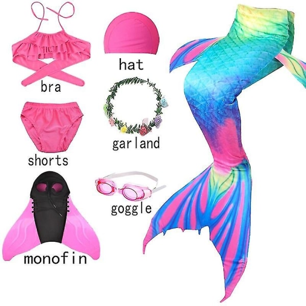 Halloween 7st/ set Barn The Little Mermaid Tail Baddräkt med Monofin Bikini Baddräkt Carnival Party Beach Badkläder - Perfet 7pcs-J with fin 150(height140-150cm)