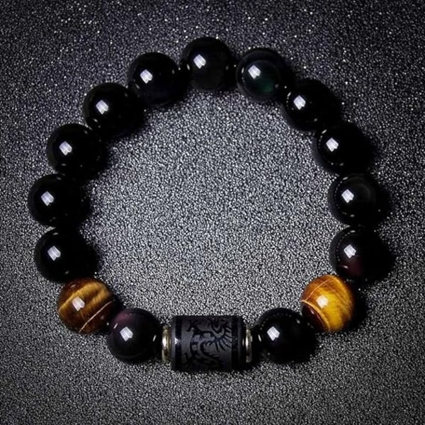 Obsidian armbånd Stone Bead Armbånd Tiger Eye Armbånd Herre 12mm Dragon and Phoenix Totem Armbånd - Perfet