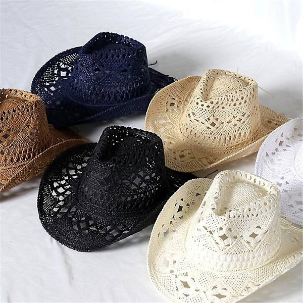 Halmhatt Ventilerad Ihålig Rund Sammanvikbar Western Cowboy Strandhatt Fotorekvisita-Perfekt White