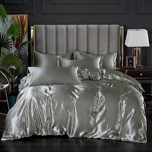 Minglan Enfärgad sängkläder i sidenimitation, högkvalitativt satäng sänglinne påslakan örngott set i fyra delar - Perfet silver gray 180x220cm 4pcs