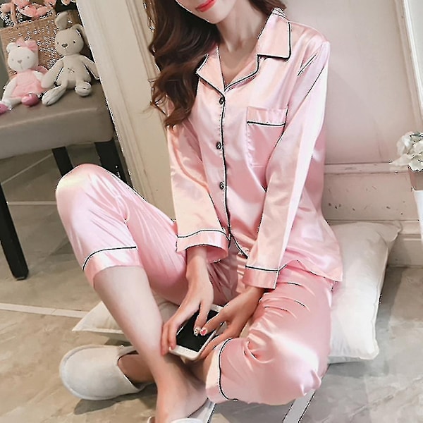 Dam Satin Silk Look Sovkläder Pyjamas Långärmad Nattklädesset-Perfet Pink 2XL