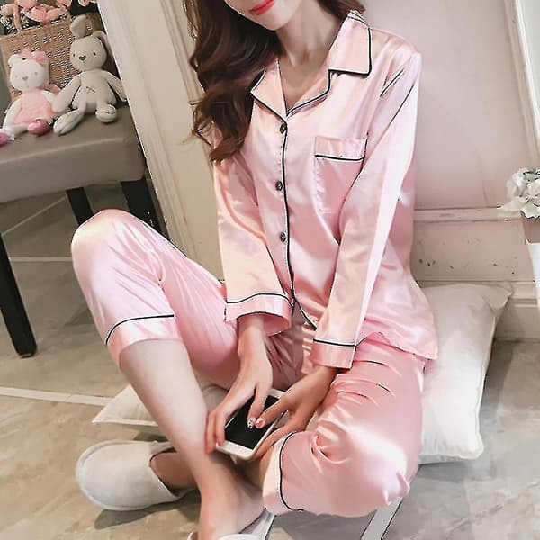 Dame Satin Silke Look Pyjamas Langærmet Nattøj Sæt - Perfekt Pink 2XL