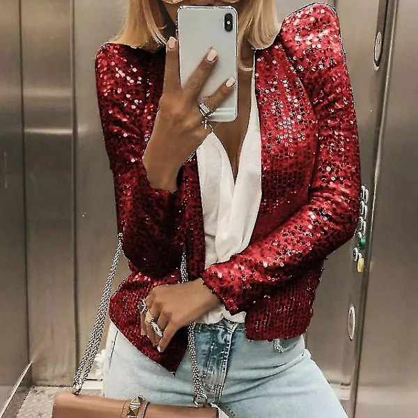 Kvinners Cardigan Lang Erme Skinnende Sekvensjakke Åpen Front Casual Damejakke-Perfet Gold S