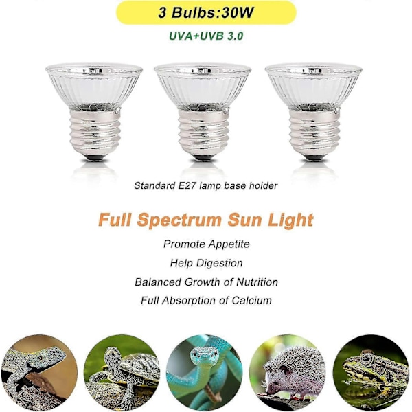 Reptil Varmelampe Fastgørelsesbeslag Klips Lampe Reptil Habitat Belysning og Varmelampe med 3 Stykker 30w Uva Uvb Skildpadde Solbadning Lys - Perfekt