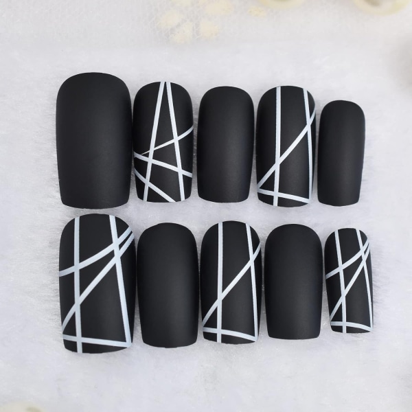 Black White Line Matt Press on False Nails Medium Leng - Perfet
