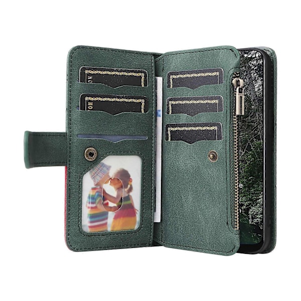 Plånboksfodral för Nokia G20/G10 med blixtlåsficka, nio kortplatser, PU-läder, magnetiskt spänne, kompatibel med Nokia G20/G10 - Perfekt Green