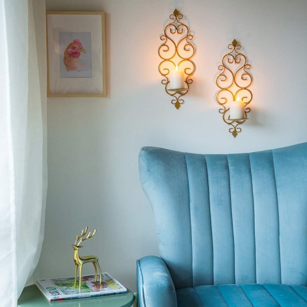 Sæt med 2 metal lysestager Vægmonteret kandelabre til væg badeværelse i soveværelse - Perfet gold