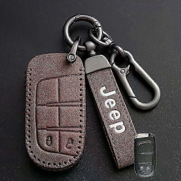 Nytt Läder Bilnyckel Fodral Kompatibelt med Jeep Renegade Compass Grand Cherokee Kompatibelt med Chrysler 300C Wrangler-Perfekt A-brown