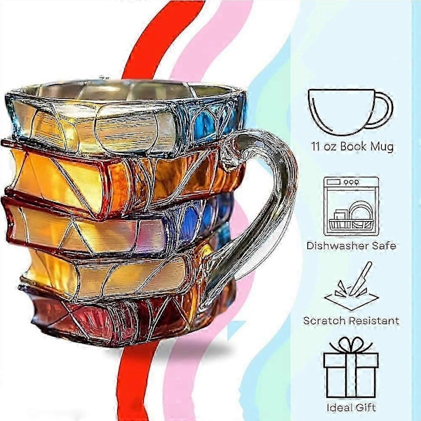 Målad Bokmugg, Handgjord Färgad Glas Bok Kaffemugg, Originell Unik Färgglad Akryl Böcker Stapelformad Kaffekopp Gåvor till Bokälskare - Perfekt A