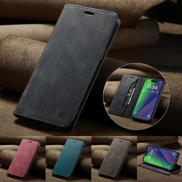 Covers Wallet Etui til iPhone 15 AUTSPACE A01 Læder Stand Etui med RFID-blokerende Kortholder - Sort-Perfet