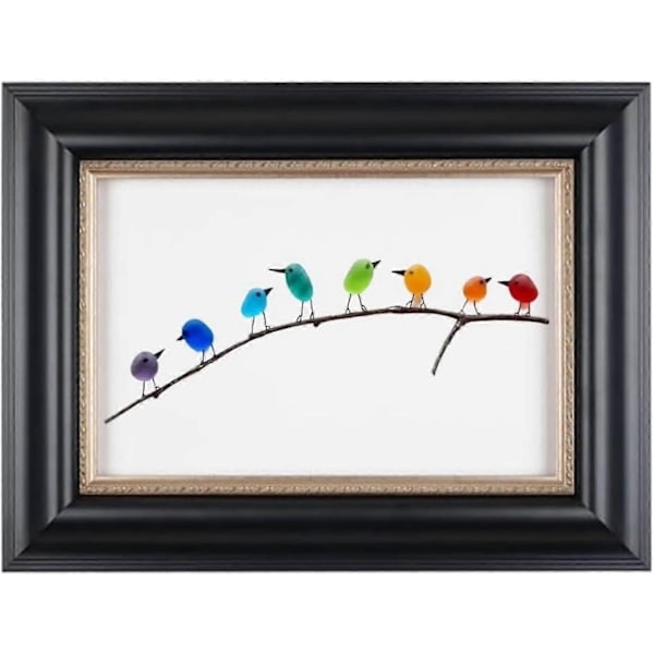 Havglas Regnbue Fugl, Havglas Kunst, Havglas og Drivtømmer Billede, Regnbue Fugl Væghæng - Perfekt Black Frame 8 Birds