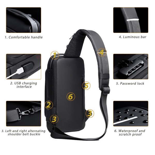 USB-ladeport Herreveske Anti-tyveri brystveske Business Bag Ryggsekk med lås for menn Svart black
