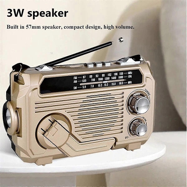 FM AM SW Radio Solarladdning Nödradio Mottagare Handvev Bluetooth 5.2 Stöd TF USB Rand-Perfet Gold