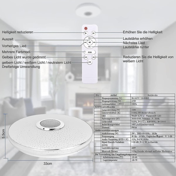 36w Led Deckenleuchte Himmennettävä Bluetooth kaiuttimella, Led Deckenlampe Mit Fernbedienung Oder App- - Perfet