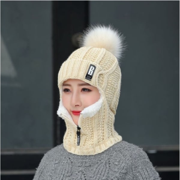 ull stickad mössa för kvinnor Vindtät vinter utomhus skid stickad halsduk - Perfet beige