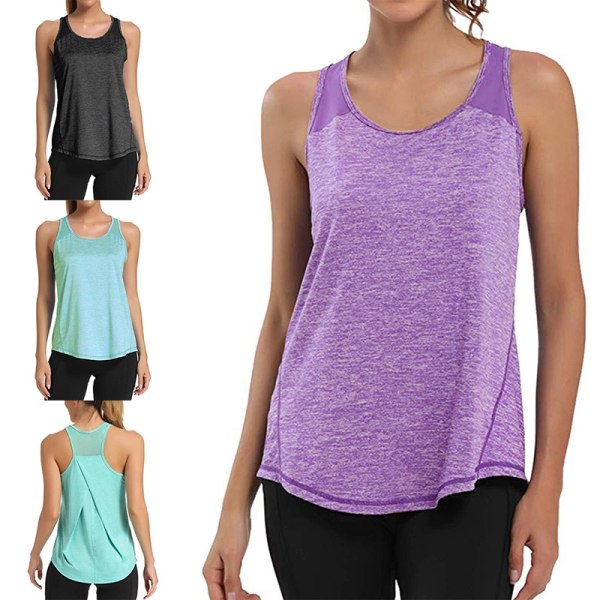 Kvinder afslappet ærmeløs mesh-syning Yoga Fitness T-shirt - Perfet Light purple,XXL