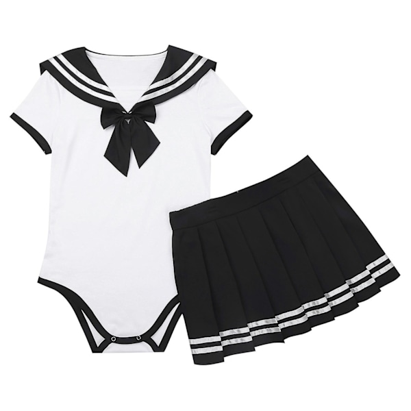 Kvindeskolepige Outfits Kortærmet Romper med Mini Plettet Skørt Cosplay Sæt Studenter Skolepiger Uniform Kostumer-Perfet Black A S