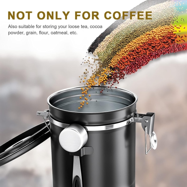 Lufttæt kaffedåse 1 kg - kaffebønnebeholder i rustfrit stål med CO2-ventil - med måleske (2,8 L sort) - Perfet