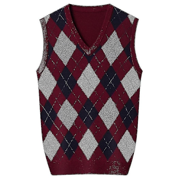 Yynuda Mens Cashmere Pullover Wool Blend Sleeveless Knit V-neck Sweater-Perfet Wine red 2XL