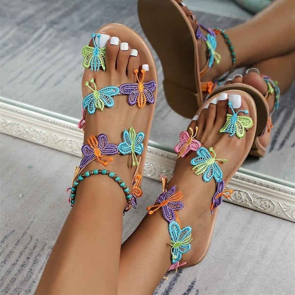 Kvinders Flats Sandaler Sommer Gladiator Bohemian Butterfly Beach Sko Komfortable Åben Tå Ankel Slip On Sandal - Perfet 42