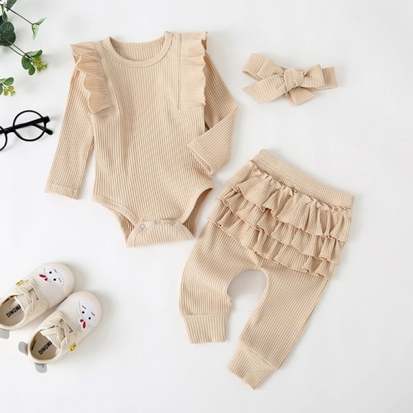 3st Nyfött barn Baby Girl Kläder T-shirt Byxor Leggings Outfit - Perfet apricot 100cm