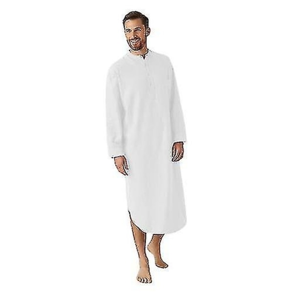 Mænds Natskjorte i Bomuldsblanding Langærmet O-hals Blød Løstsiddende Natøj Behageligt Sovebeklædning Hjemmetøj Soveskjorter-Perfet white 2XL