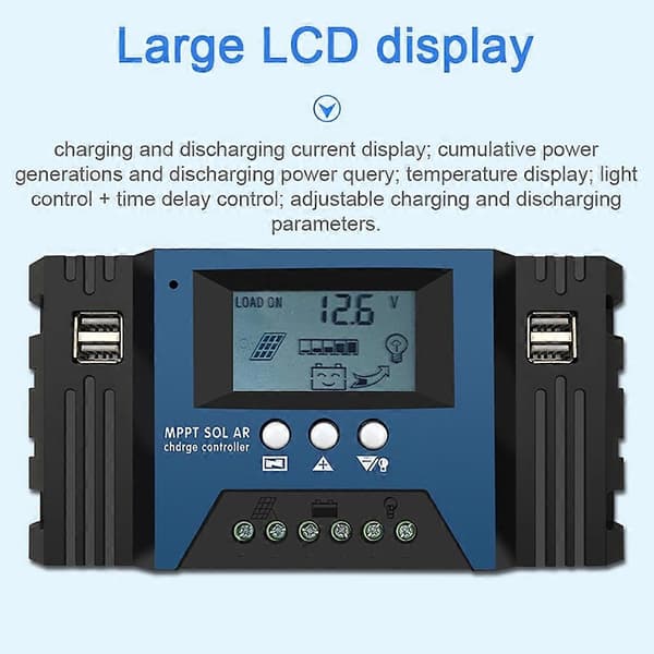 100A MPPT Solcelleladerkontroller 12/24V Autofokus Solcellepanelkontroller Batteri Intelligent Regulator med 4 USB-utganger Justerbar-Perfekt 30A