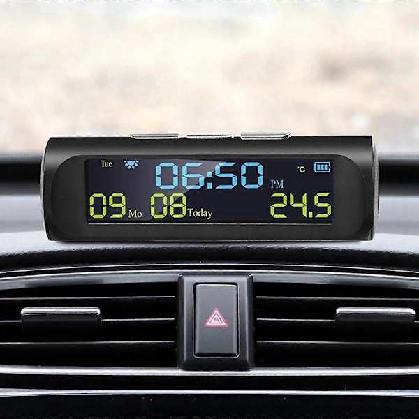 Auton aurinkokennokäyttöinen digitaalinen kello LCD-näytöllä, jossa aika, päivämäärä ja auton sisälämpötila ulkokäyttöön, henkilökohtaiseen auton osan koristeluun A-Perfet