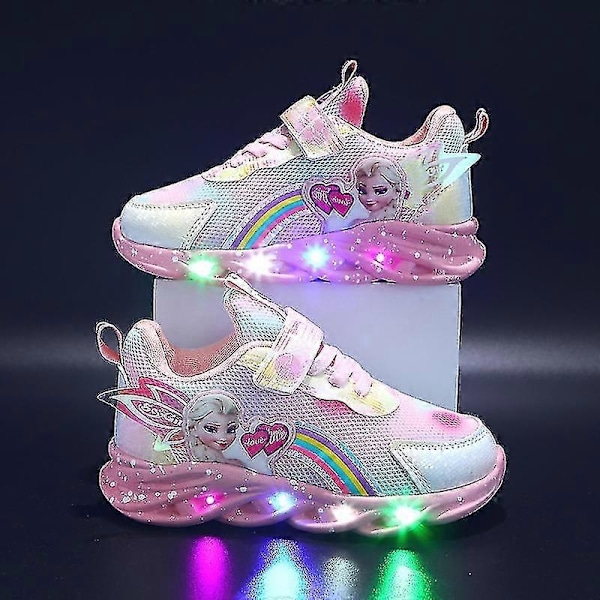 Flickor LED Casual Sneakers Elsa Princess Tryck Utomhusskor Barn Lysande Halkfria Skor för Vår och Vinter-Perfekt Pink 30-insole 18.3cm