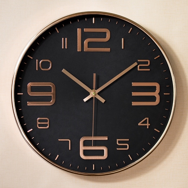 Väggklocka 30cm No Tick Väggklocka, Quartz Silent Wall Clock - Perfet Black background rose gold