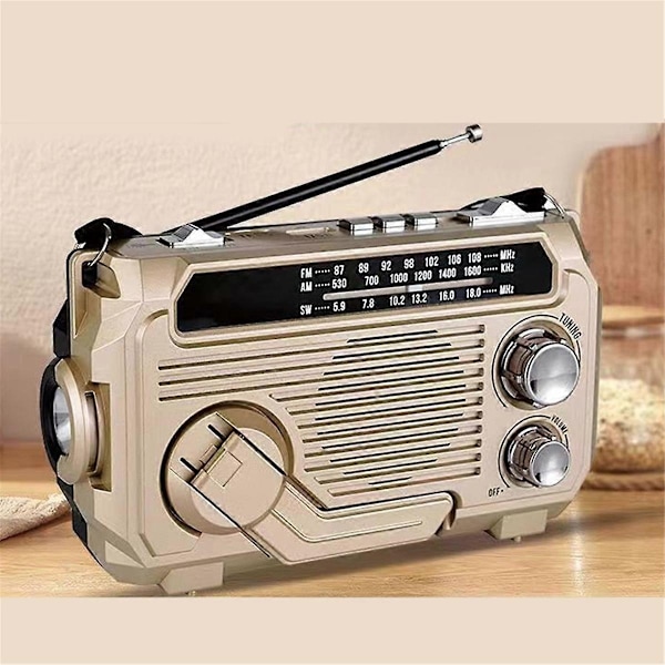 FM AM SW Radio Solarladdning Nödradio Mottagare Handvev Bluetooth 5.2 Stöd TF USB Rand-Perfet Gold
