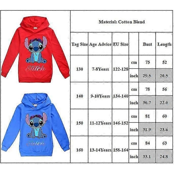 Børne Drenge Piger Stitch Print Ærme Hættetrøje Casual Hættetrøje Sweater Top - Perfet Navy Blue 11-12 Years