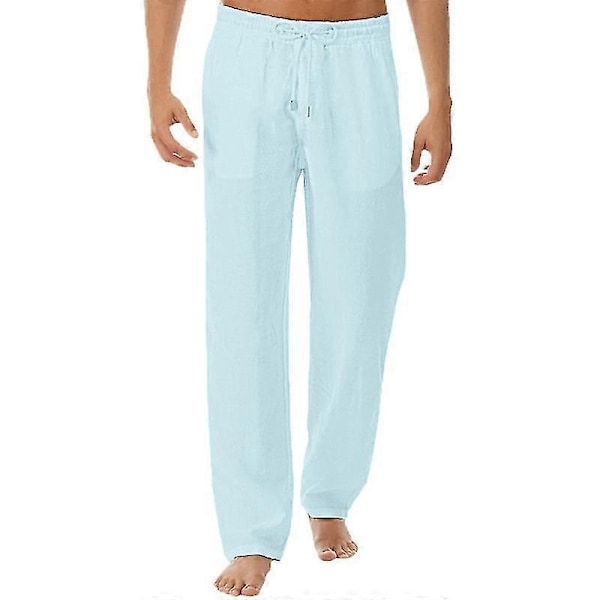 Mäns elastiska midje-bomulls- och linnebyxor, avslappnade strandbyxor, raka, bekväma byxor - perfekta Light Blue M