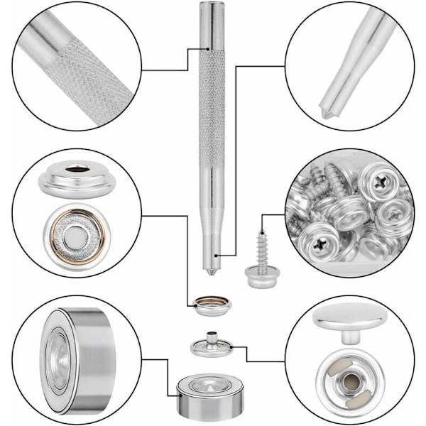 Pakke med 50 marine trykknapper i rustfritt stål med 2 installasjonsverktøy (10 mm), trykknapper, presenningstrykknapper, metalltrykknapper, presenningsskruer, stålpinner - Perfekt