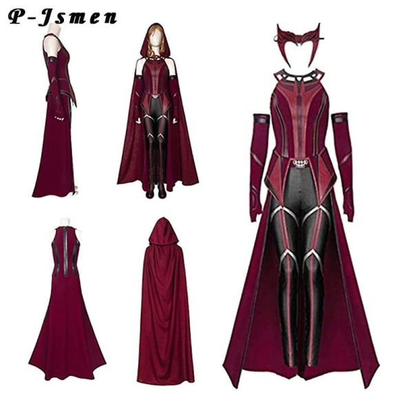 P-jsmen Nainen Wanda Maximoff Cosplay-asu Scarlet Witch Päähineet Takki ja housut Täysi set asu Halloween Asusteet Rekvisiitta - Perfet L Wanda