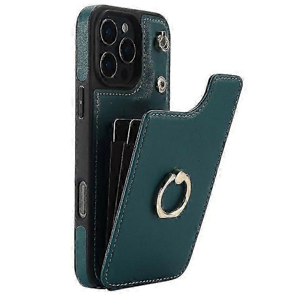 Kompatibel med iPhone 16 Pro Max Cover Kortholder Støtteben PU+TPU Telefon Cover med Skulderrem - Perfekt Blackish Green