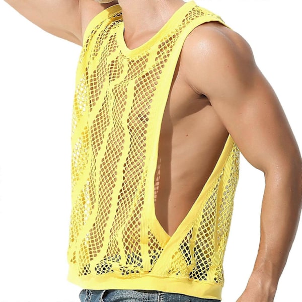 Mænds Fiskenet Tank Sheer Ærmeløs T-Shirt Top - Perfet Yellow XL