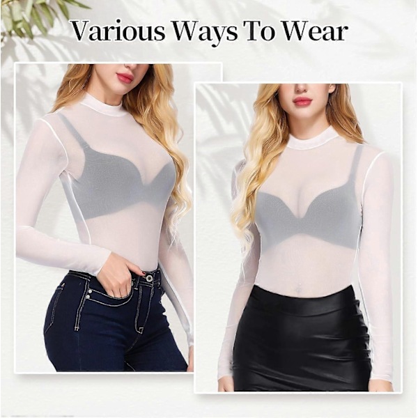 Dame Sexy Dame Svart Kjole Mini Skjørt med Lange Ermer Transparent-Perfekt White XL