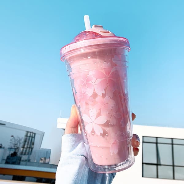 480 ml Sakura muovimuki pillillä ja kannella BPA-vapaa tupla valinta - Perfet Pink