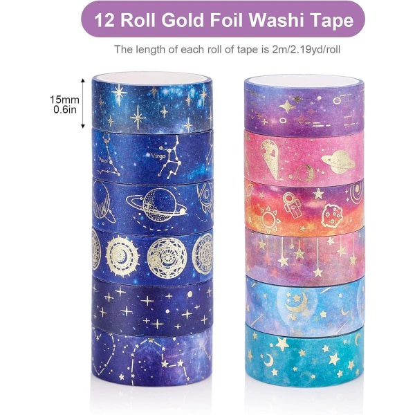 12 ruller tapesett, stjernehimmel dekorative Washi-tape 15mm x 2m - Perfet
