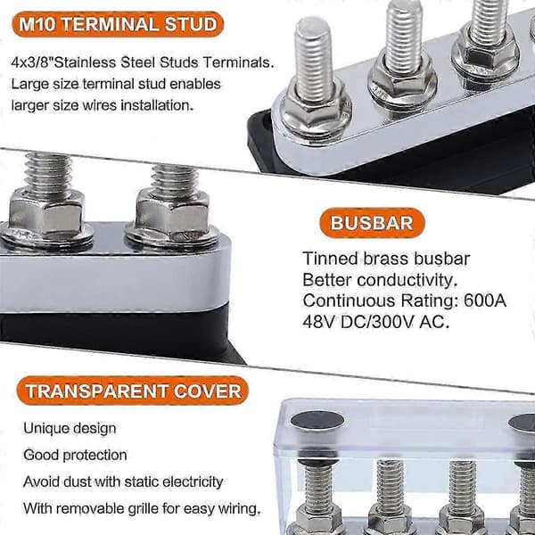 600A Samleskinne 4-Stud (3/8 tommer) M10 Højstrøms Kobber Samleskinne Terminalblok Marine DC 12V 24V 48V-Perfet