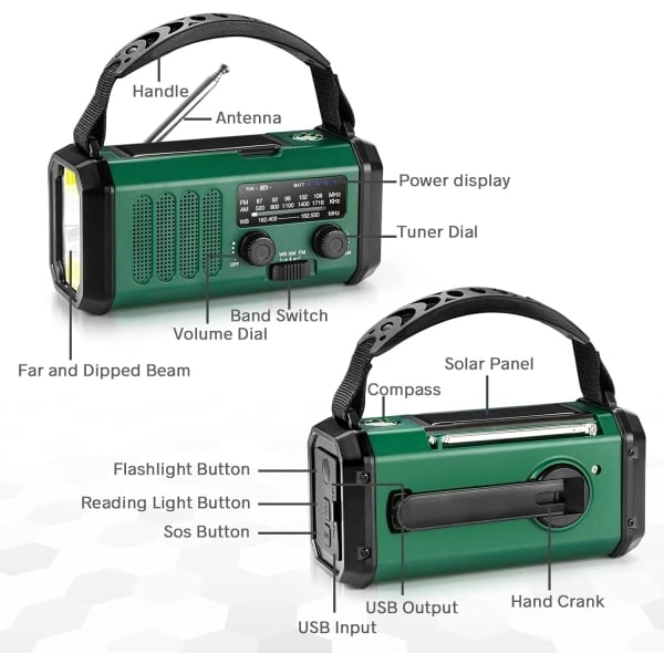 Nødradio med håndsving, solenergi og USB-opladning - 10000 mAh batteri - NOAA/AM/FM vejrradio - LED-lommelygte og læselampe - SOS-alarm - Perfekt