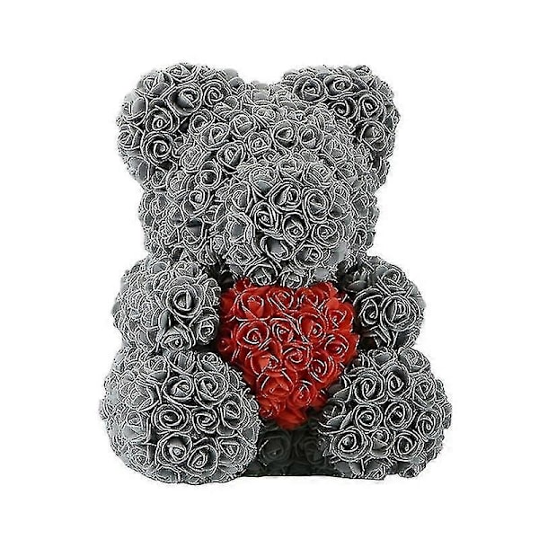 25/40cm Rosebjørn med Hjerteformet Kunstig Blomst Rose Teddybjørn Kvinder Valentinsdag Bryllup Fødselsdag Jul Gave Dekoration - Perfekt Grey red H 25CM